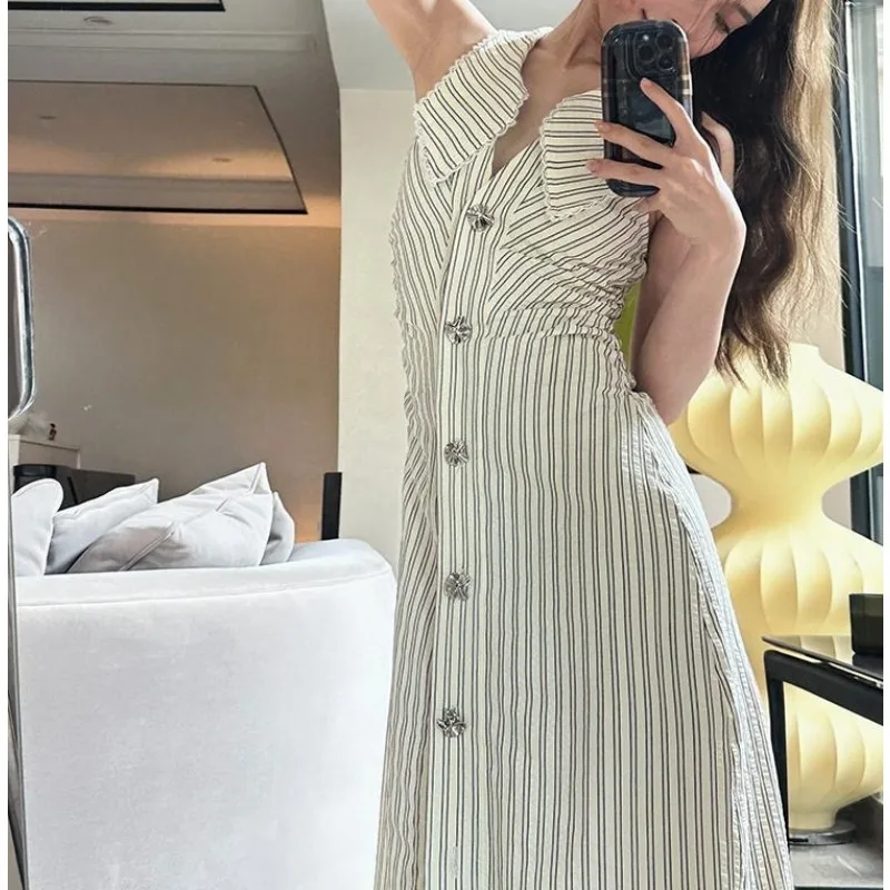 

Women Striped Sleeveless Dress Casual Lazy Style Slim Long Dress Spring Summer New Design