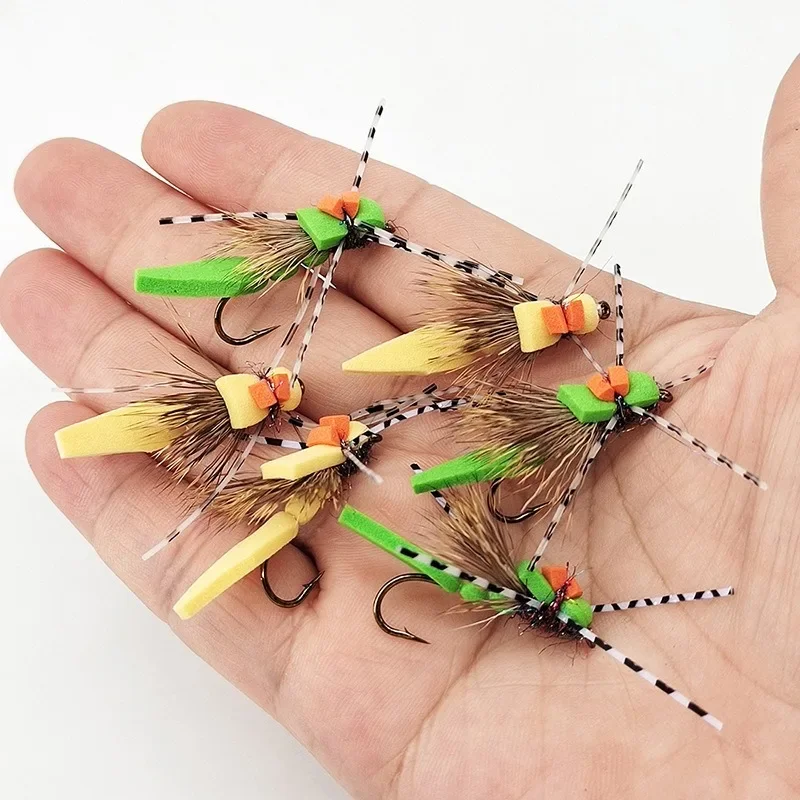 3pcs 1box Fly Fishing Foam Grasshopper Dry Fly Rubber Legs Deer Hair Floating Flies Bait Hopper Trout Bass Salmon Fishing Lures