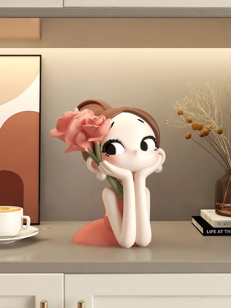 Creative Cute Rose Girl Resin Figurine Light Luxury Desktop Ornament Modern Art Sculpture for Living Room TV Cabinet Decor Gifts