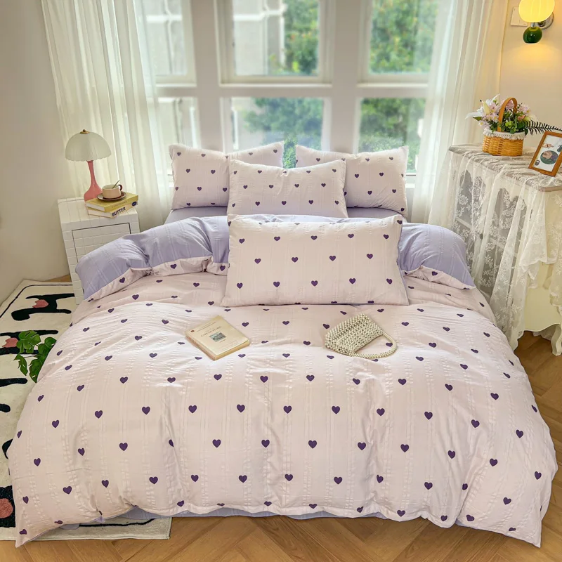 Purple Love Heart Duvet Cover 4pcs Bedding Set Heart Shape Quilt Cover Polyester Comforter Cover 1 Flat Sheet 1/2 Pillowcases