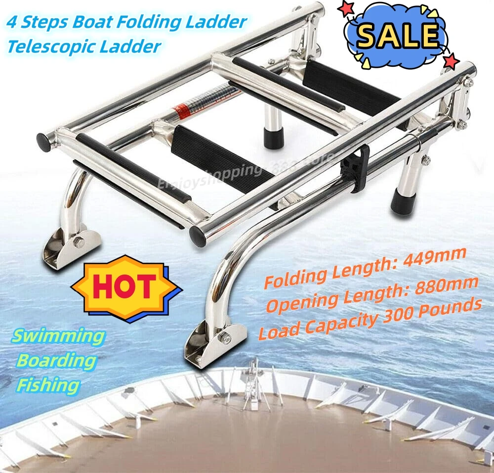 4 Steps Boat Folding Ladder Telescopic Ladder Load Capacity 300 Pounds for Swimming Boarding  Fishing