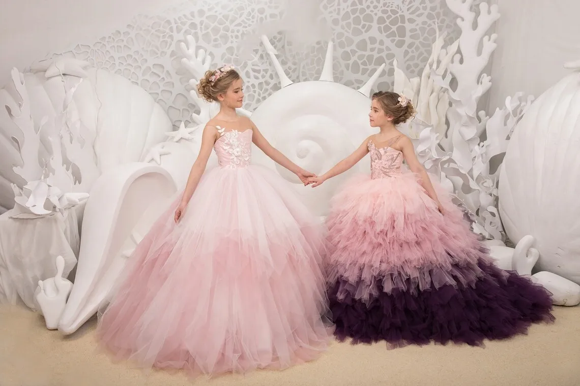 Puffy Long Pink Flower Girl Dresses Tulle Ruffles Applique Sleeveless Wedding Princess Birthday Party First Communion Gowns