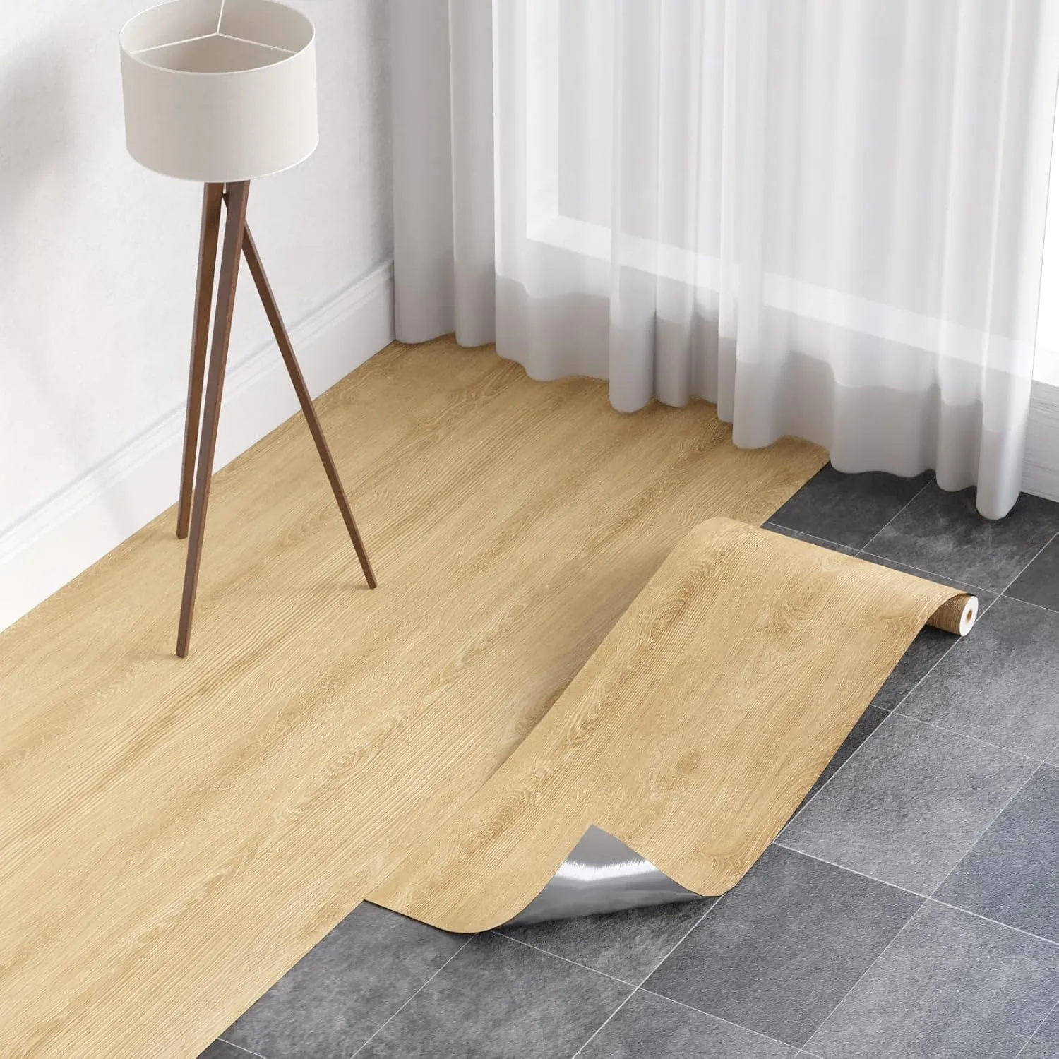 1 Roll 40X300CM Wide Vinyl Flooring Roll  Self-Adhesive, Wood Grain Floor Tiles Peel and Stick Floor Stickers Durable Easy