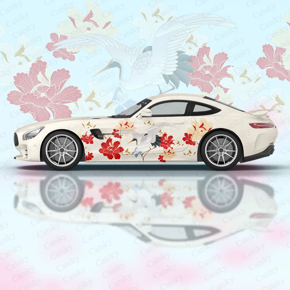 

Виниловая наклейка с красной короной и цветами журавля, самоклеящаяся наклейка из ПВХ, подходит для грузовиков, внедорожников, декора, автоаксессуары, подарок