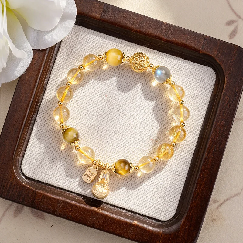 Chinese Style Lucky Wealth Golden Hair Crystal Bracelet Natural Moonstone Tiger Eye Stone Pixiu Blessing Bracelet Good Luck Gift