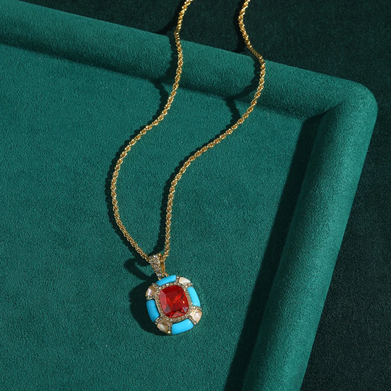 Vintage Blue Enamel Ruby Square Pendants And Charms Necklace Antique Gold Color Chain Women'S Accessories Mothers Day Gift 2025