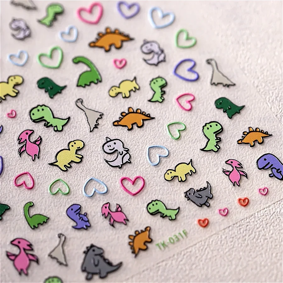 Love Heart Grass Jelly Cute Flat Colorful Cartoon Dinosaurs Animals Embossed Reliefs Adhesive Nail Art Stickers Manicure Decals