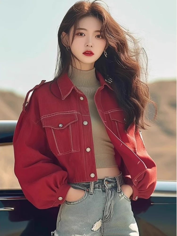 Fashion Chic Jackets Turn Down Collar Lantern Sleeve Single Breasted Design Crop Tops Coats All Match Loose Women Clothing 2025