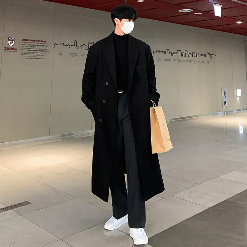 

Мужское шерстяное пальто средней длины на осень-зиму, свободный крой, в корейском стиле, ветровка, верхняя одежда, длинное пальто, молодежный стиль