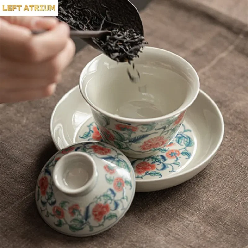 Old Pottery Clay Gaiwan Chinese-style Retro Blue and White Tea Tureen Tea Cup Ceramic Three-level Cover Bowl Kung Fu Tea Set