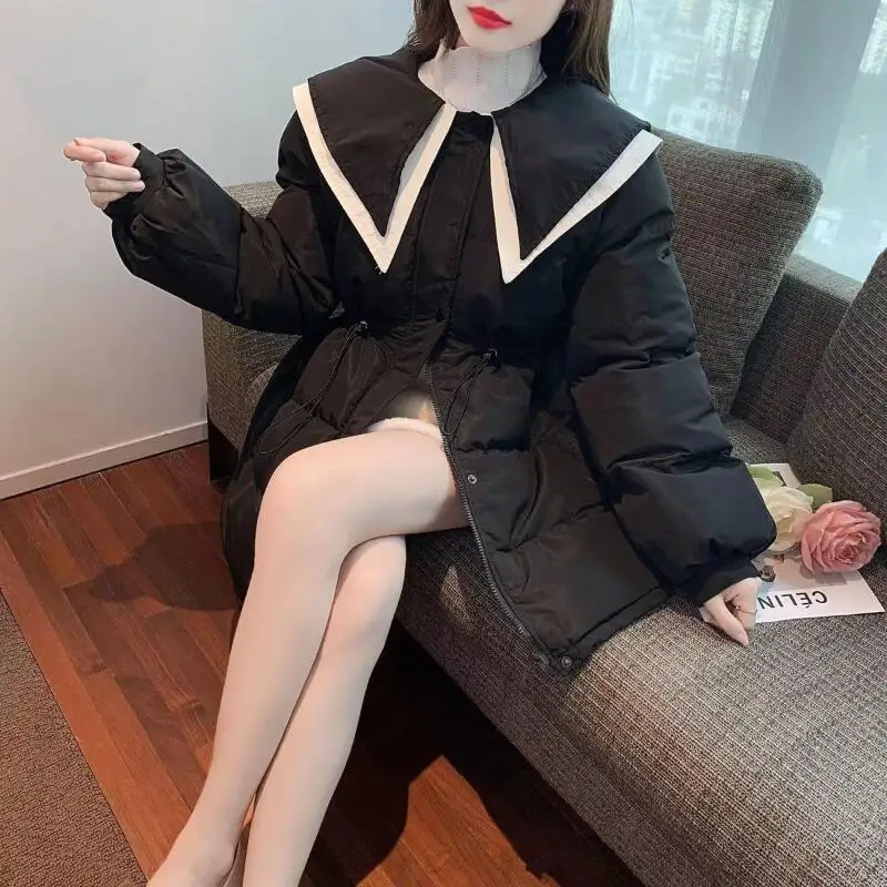 Hot 2026 Winter New Fashion Academy Style Cute Doll Neck Design Color Blocked Casual Loose Soft Comfortable Warm Cotton Clothes