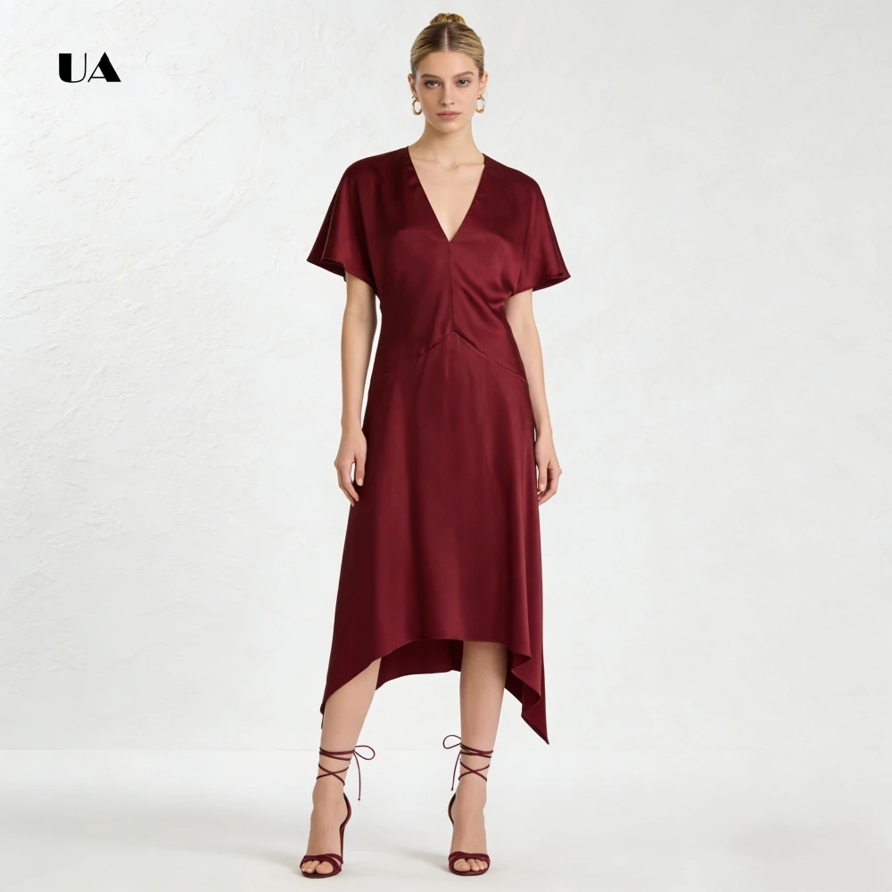 ULBYANRY サテン アシンメトリー プロムドレス 深いVネック、フレアスリーブ付きソリッドイブニングドレス、ドレープカスタマイズパーティードレス