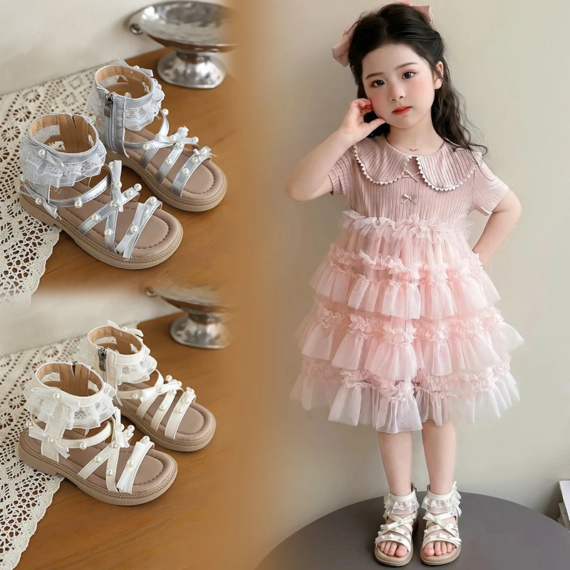 

Mumoresip Summer Children Princess Roman Sandals Lace Pearl Girls High-top Sandals Hollow-out Breathable Kids Party Flat Sandals