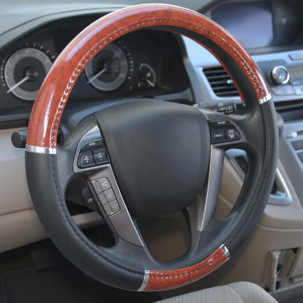 Car Interior Wood Grain Steering Wheel Cover Waterproof Sweat-Proof Leather Universal Car Steering Cover Car Interior Decor