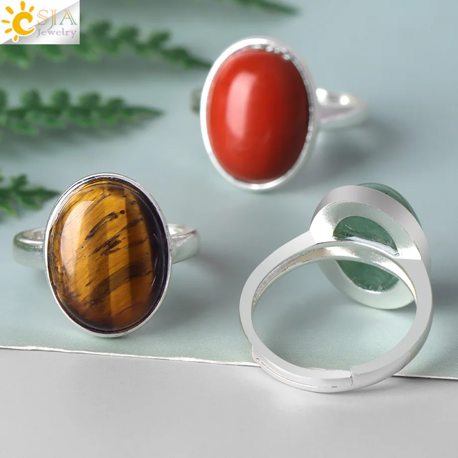 Small Egg Shape Natural Stone Ring Silver Color Adjustable White Crystal Quartz Amethytst Finger Rings Men Women Jewelry H512