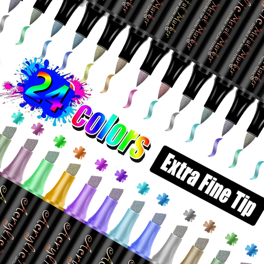 12/24 Colors Metallic Acrylic Art Markers – Quick-Drying, Waterproof, Soft Nib | For DIY Painting, Artistic Creation & Crafts.