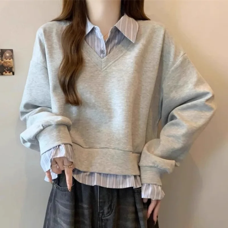 

Women Fake Two Piece T-shirt Sweater 2025 Spring Autumn Women's American Two Piece Short Sweatshirt Loose Fit