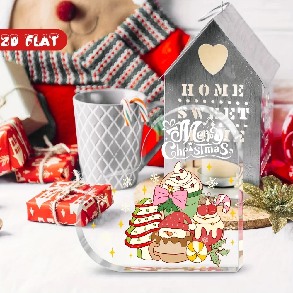 Cartoon Sweet Christmas Heart‑Shaped Acrylic Plaque,Snowman Cupcake Candy Cane Clear Acrylic Heart Sign, Holiday Shelf Ornament