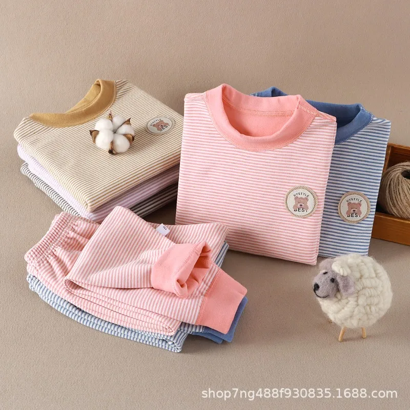 Nouvelle tenue chaude doublée polaire pour enfants printemps-automne, ensemble de sous-vêtements thermiques sans couture, pyjama haut et bas pour garçons et filles, vêtements d'intérieur