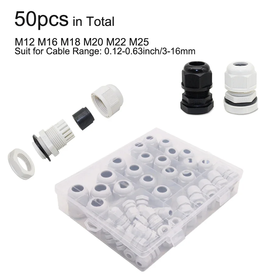 50 PCS Plastic Waterproof Cable Gland PG7-PG19 Nylon Black Cable Fixing Joint PG13.5 With Gasket Range For 3-15mm Set