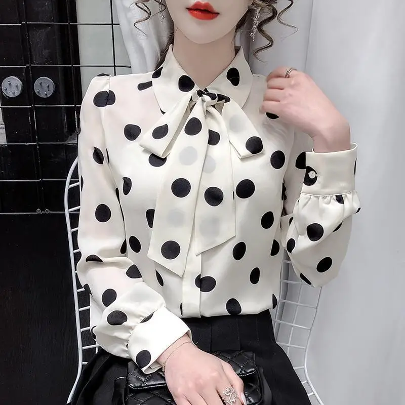 Women\'s Polka Dot Print Bow Elegant Chic Sweet Button Up Shirt Spring Autumn Casual Long Sleeve Office Ladies Blouse Top Blusas