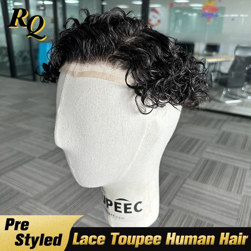 Mens Toupee Curly Hair Pre Styled Full Lace Basement Male Toupee Lace Base Hairpieces Replacement For Man Pre Cut Hair System