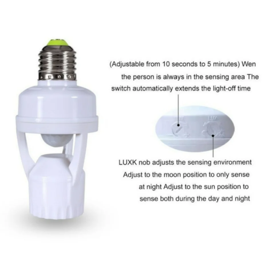 UooKzz 360 stopni PIR indukcja człowieka czujnik ruchu LED lampka nocna gniazdo E27 regulowany przełącznik czasu opóźnienia 85V-265V