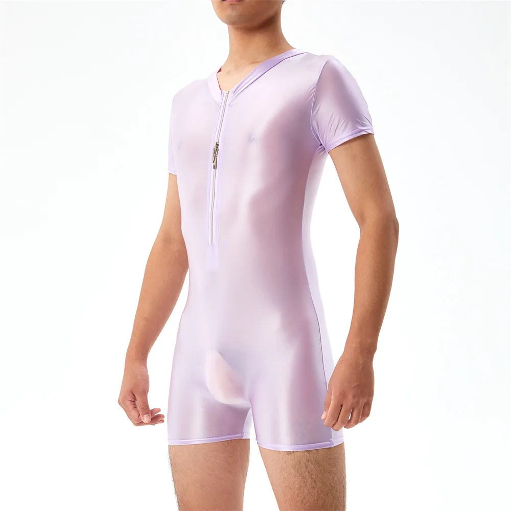 Sexy Men Undershirts Zipper Shorts Sleeve Seamless See Through Bodysuits Singlet Leotard Elastic Slip Sheer Jumpsuits Underwear