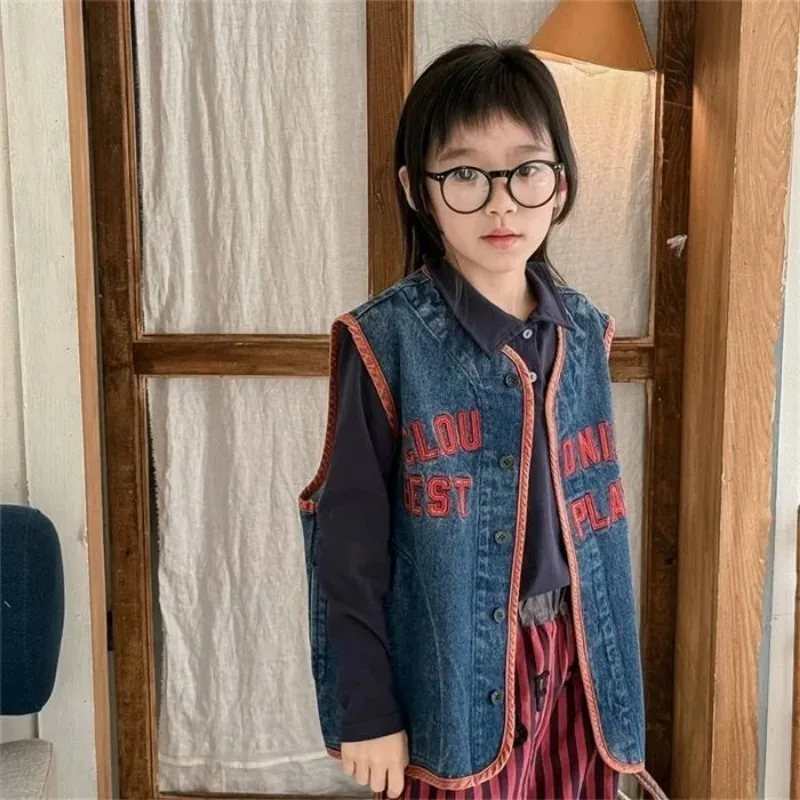 1-10Y Children's Vest 2025 Spring Autumn New Item Letter Camisole Top for Children Korean Boy Girl Color Collision Denim Vest