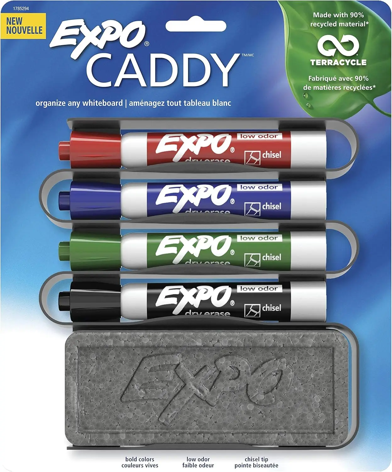 

EXPO Low-Odor Dry Erase Set, Chisel Tip, Assorted Colors, 5-Piece with Recycled Marker Caddy