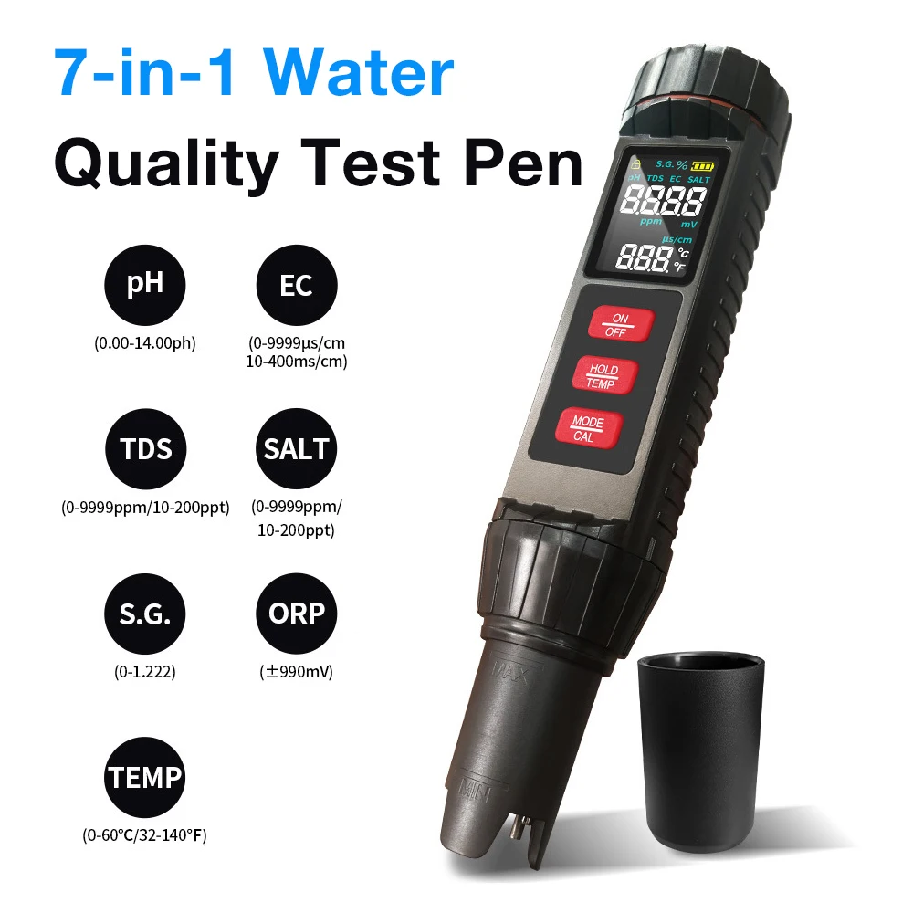 Digital PH Meter PH/ORP/EC/TEMP/SALT/S.G/TDS 7 In 1 Water Quality Tester High Precision for Drinking Water Aquarium