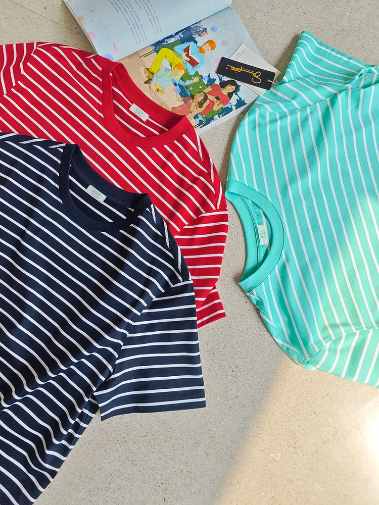 

Классическая полосатая футболка из чистого хлопка с круглым вырезом, легкая, повседневная, стандартного кроя, летний топ.