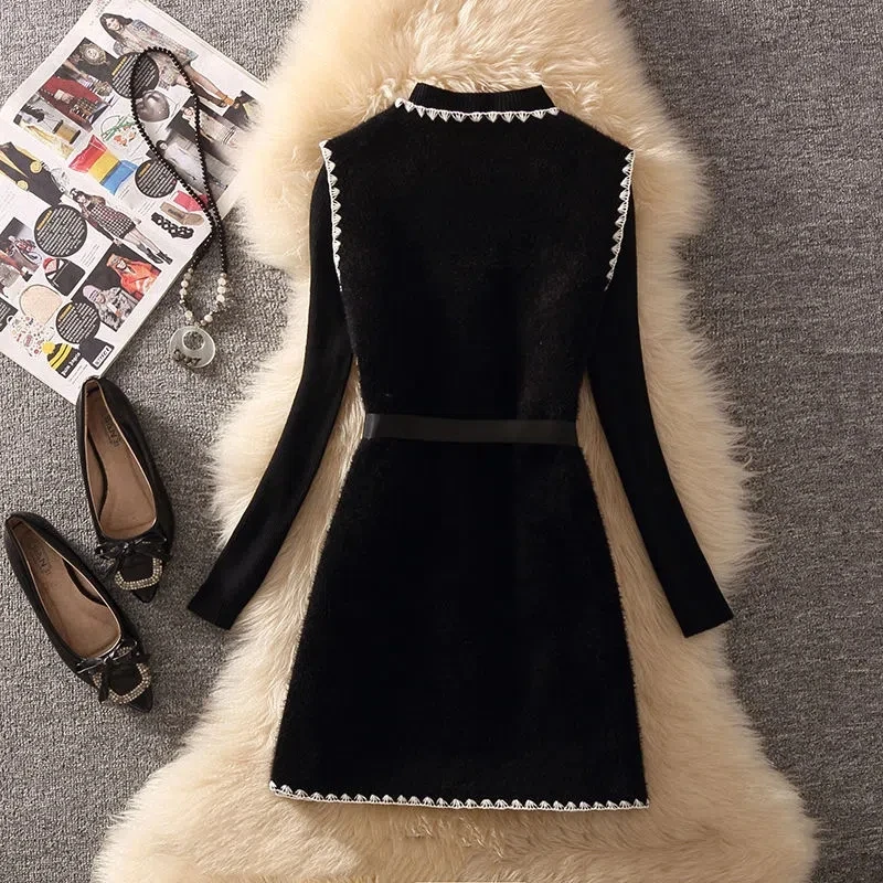 Black Vintage Mink Cashmere Mid-Length Vest Jacket Elegant Belted Long Waistcoat And Knitted Sweater 2 Piece Sets Women Outfits