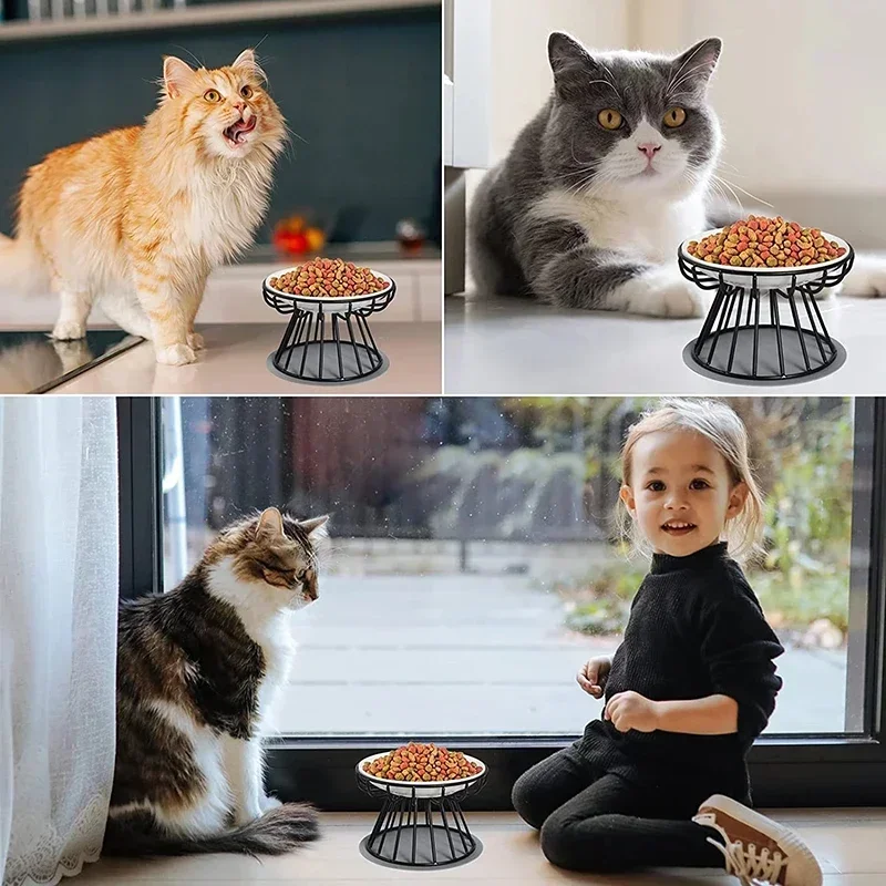 Ceramic Raised Pet Bowl Food Water Treats for Cats & Dogs Supplies Outdoor Feeding Drinking Accessories Doggie Cat Stand Bowl