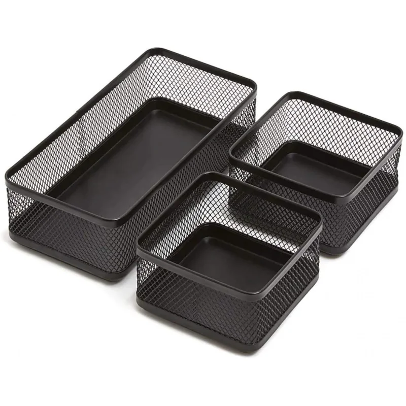 Desk Baskets and Organizers Tray, Black Mesh , Wire , 3-Compartment Stackable