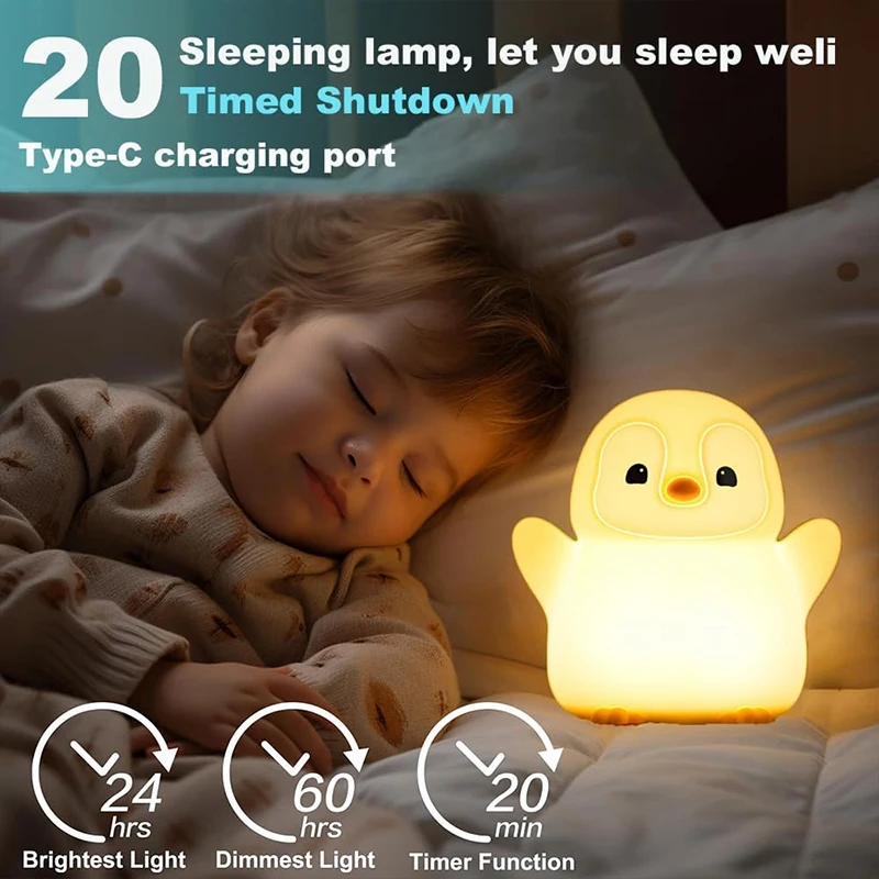 Cute Penguin Night Light, Animal Silicone Nursery Lamp Touch Control Nightlights USB Rechargeable Bedside Lamps