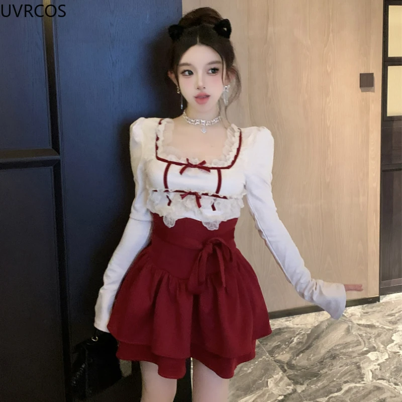 Japanese Kawaii Lolita Style 2 Piece Set Women Sweet Lace Bow Tops Y2K Mini Skirt Suit Winter Female Korean Fashion Chic Outfits