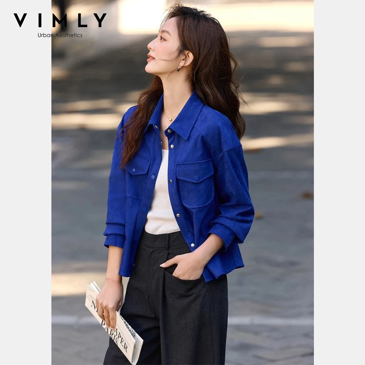 

VIMLY Women's Klein Blue Suede Shirt Jacket 2026 Spring Fall New Fashion Faux Leather Jacket Pockets Outwear Woman Clothes A3737