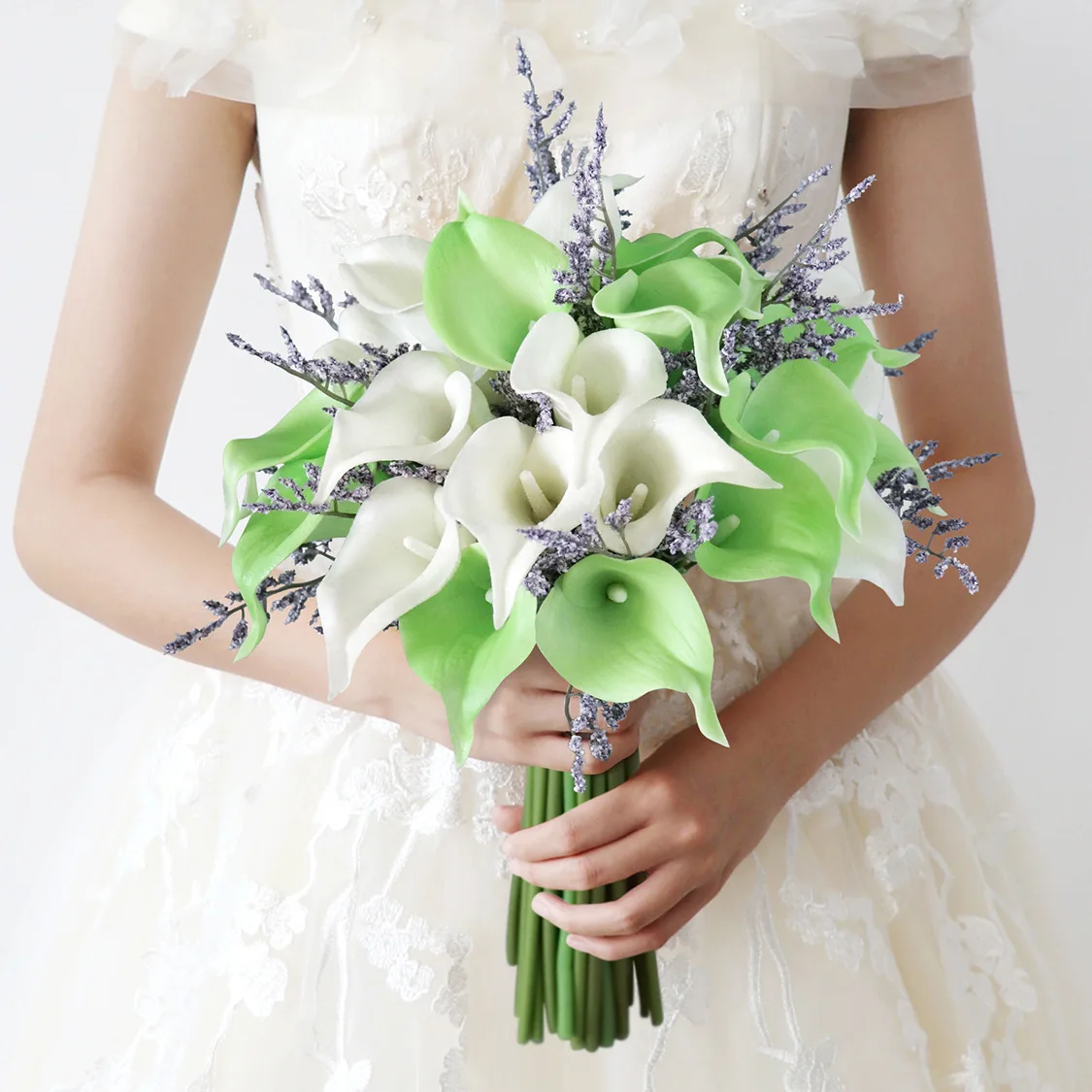 

New Whitney Wedding Collection Ivory with Green Calla Lily with Lavender Round Calla Lilies Wedding Bouquet For Bride Ramo Novia