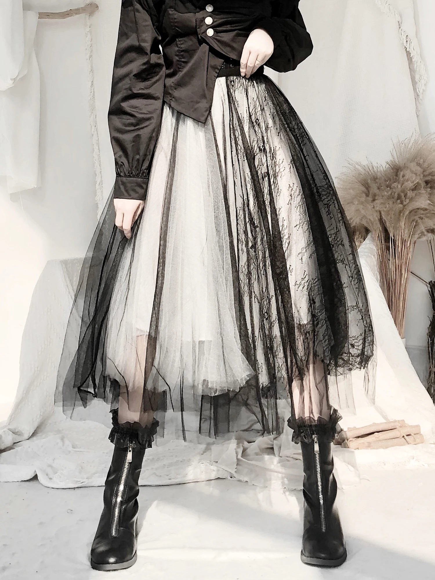 

Dark Lace Splicing Multi-layer Tulle Skirt A-line Skirt Women Spring Autumn plus Size Puffy Skirt Breathable Skin-friendly