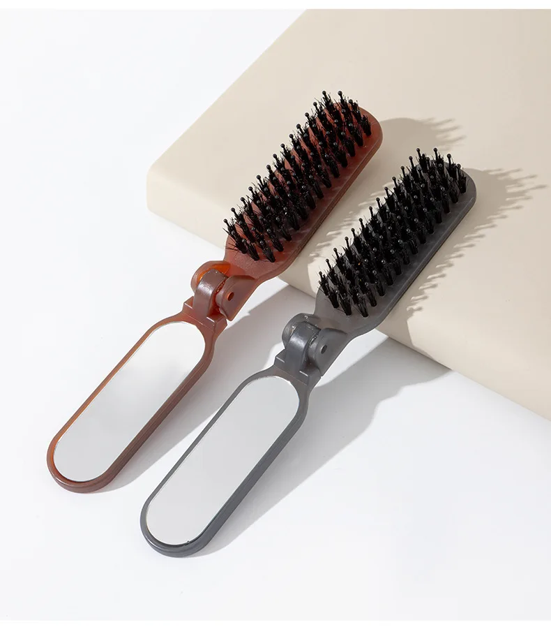 1Pc Faltbare Borsten Kamm mit Spiegel Mähne Borsten Haar Pinsel Tragbare Tasche Faltbare Reise Massage Salon Haar Styling werkzeug – Detail 9