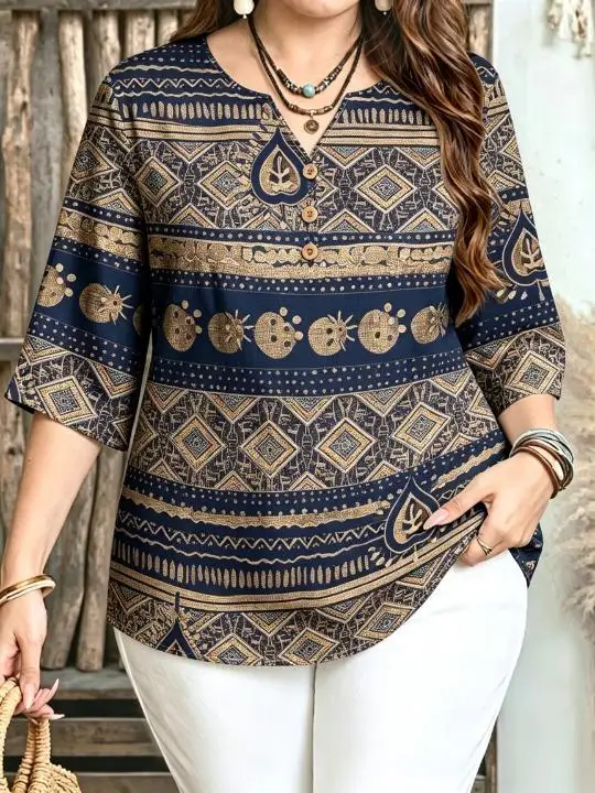 Women Brown Tone Vintage Tribal Stripe Geometric Print Blouse For Curvy Figures Notched Neck 3/4 Sleeve Loose Casual Ladies Tops