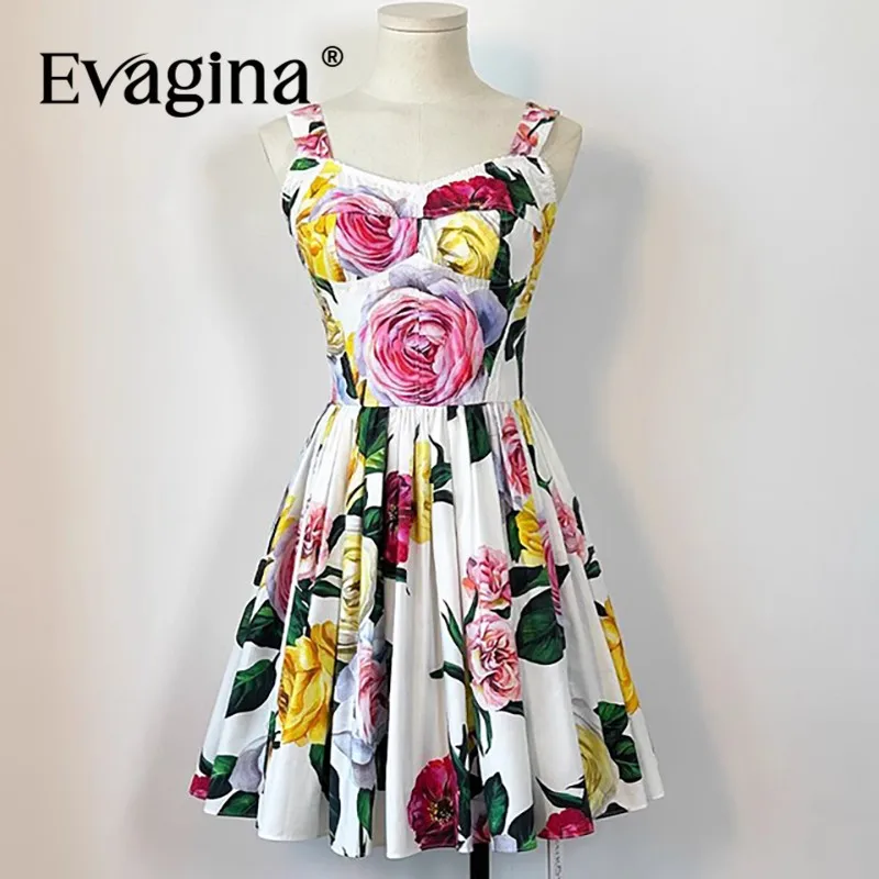 

Evagina Fashion Design New Women's Cotton Summer Dress Rose Printed Heart Collar Slimming Strap Skirt Big Swing Dress