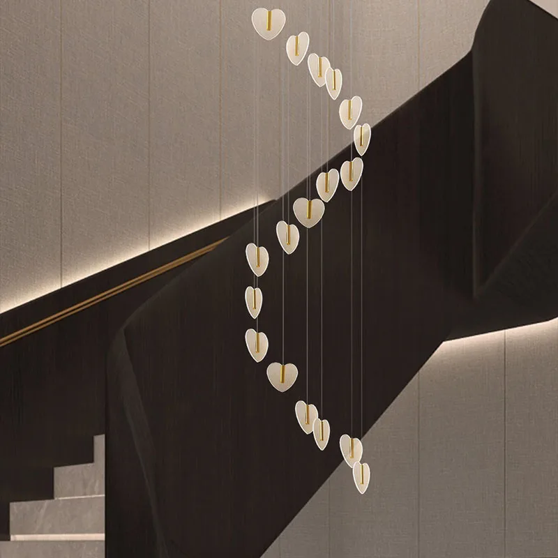 Modern Acrylic Love Chandelier for Staircase Living Room Luxury Crystal Large Gold Lighting Fixture Long Indoor LED Hanging Lamp