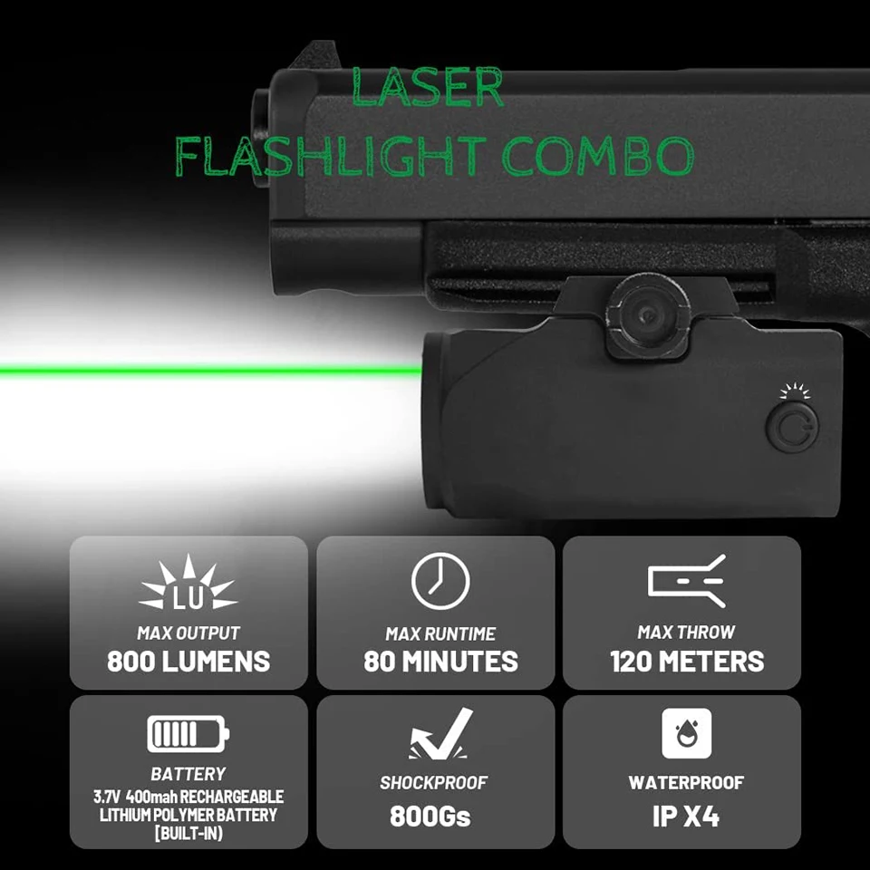 Tactical Pistol Light 800lm Red/Green Laser LED Combo Weapon Light Magnetic Rechargeable Compact Gun Flashlight for 20-21mm Rail