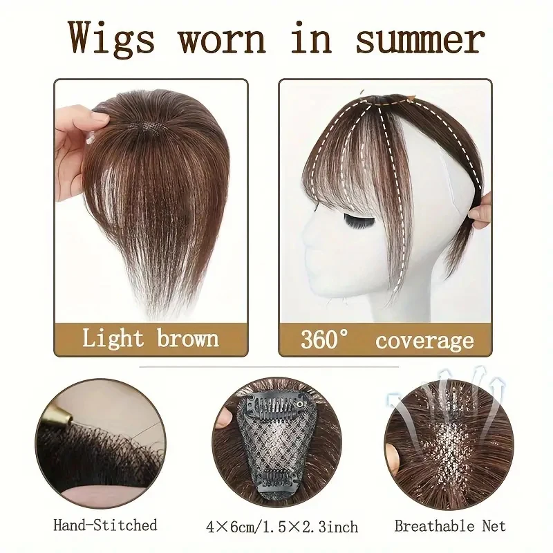 قطعة شعر نسائية مستقيمة ذات مظهر طبيعي، مشبك شعر بشري حقيقي في غرة، خافي عيوب البشرة، خفيف الوزن وجيد التهوية