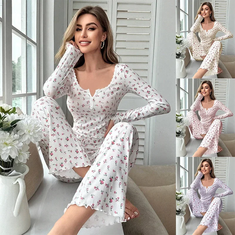 

Spring Women's Sleepwear Fashion Floral Print Pajamas Set Tops Trousers Comfortable Casual Loungewear Female Nightwear