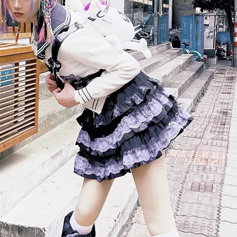 Women Japanese Subculture Harajuku Lace Punk Mini Skirt Women Gothic Sweet Hot Girl Vintage Tiered Cake Skirt New Y2K Fashion