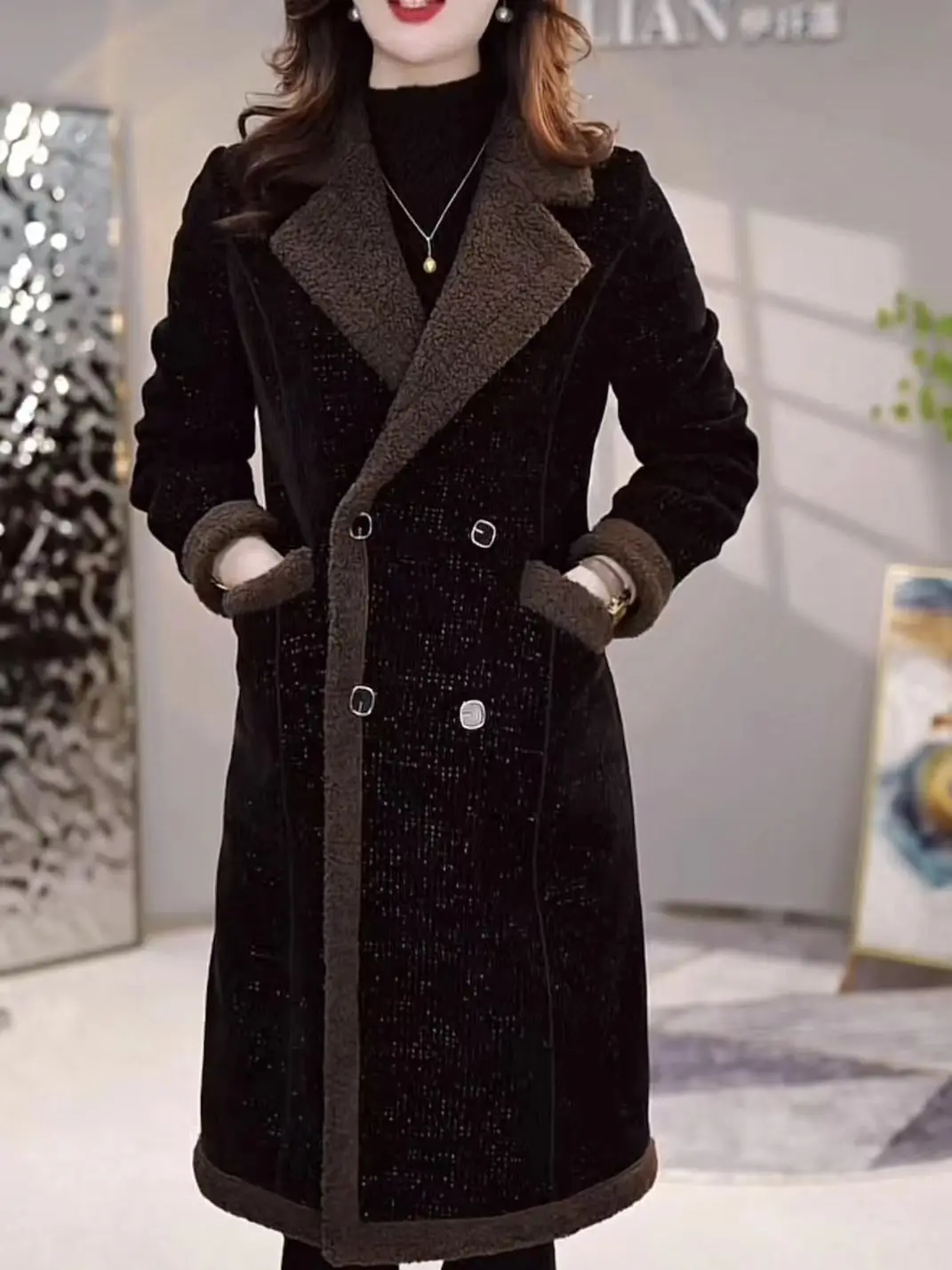 plus Size Women's Fce Lined Jaet Mid-Length Loose Thiened Autumn Winter Coat Korean Sle Long Sve  Collar Butt...