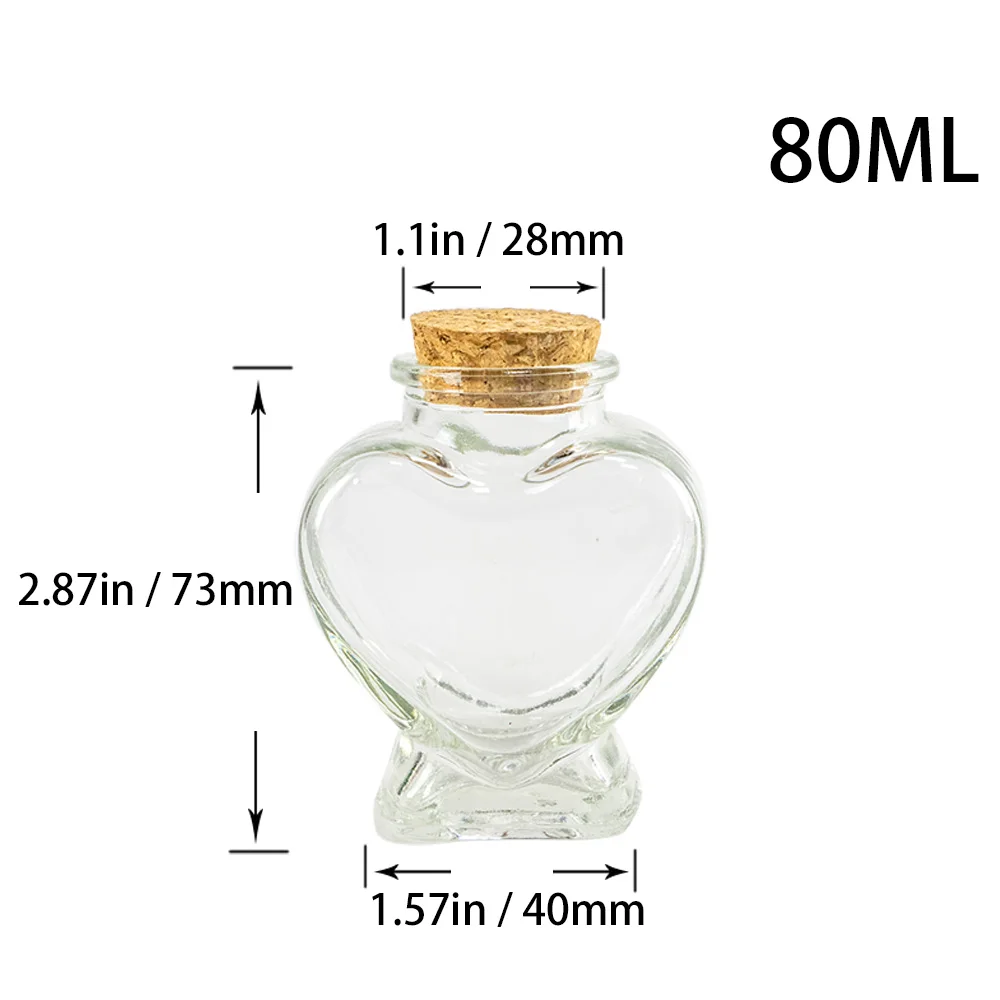 80ml Clear Packaging Glass Bottles Customized Heart Shape Storage Jars Reusable Ornaments Crafts Gifts Vials 6Pcs